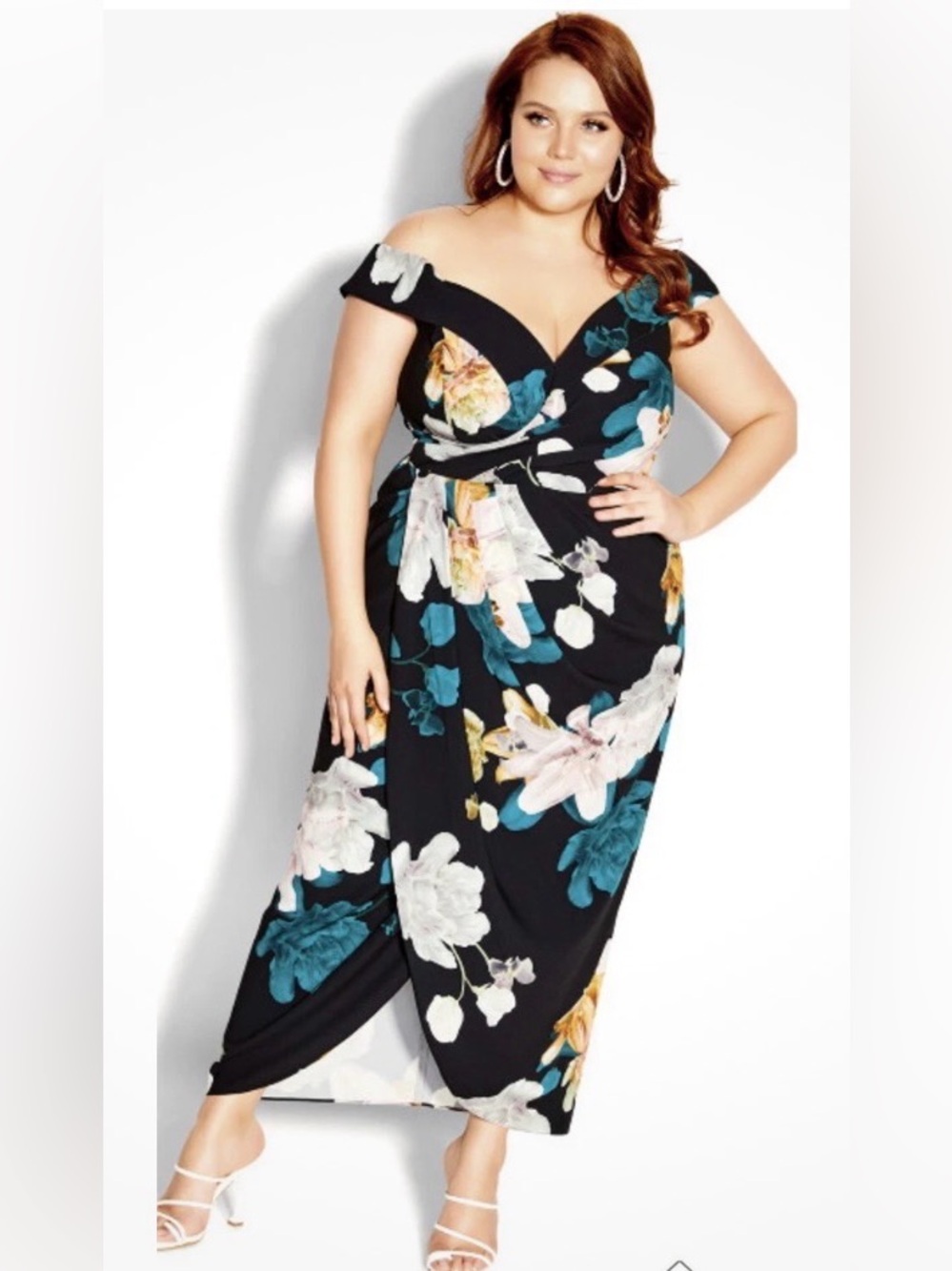 City Chic Black Off-Shoulder Maxi Dress with Teal & Cream Floral Print